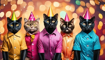 Creative animal concept. Group of Bombay cat kitty kitten in funky Wacky wild mismatch colour