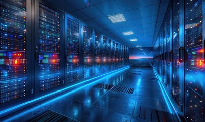 Obraz premium Hightech server room, racks of blinking network equipment, blue LED lights, core of internet technology