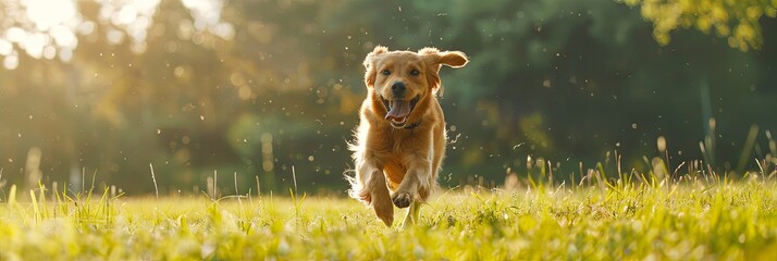 Joyful happy dog energetically dashes through grassy field, barking joyfully under bright daylight - Powered by Adobe