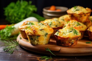 Freshly baked cheese and spinach muffins served on a rustic wooden board - Powered by Adobe