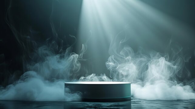 Dark room with smoke effects and a glowing white podium, creating a mysterious allure for exclusive product launches