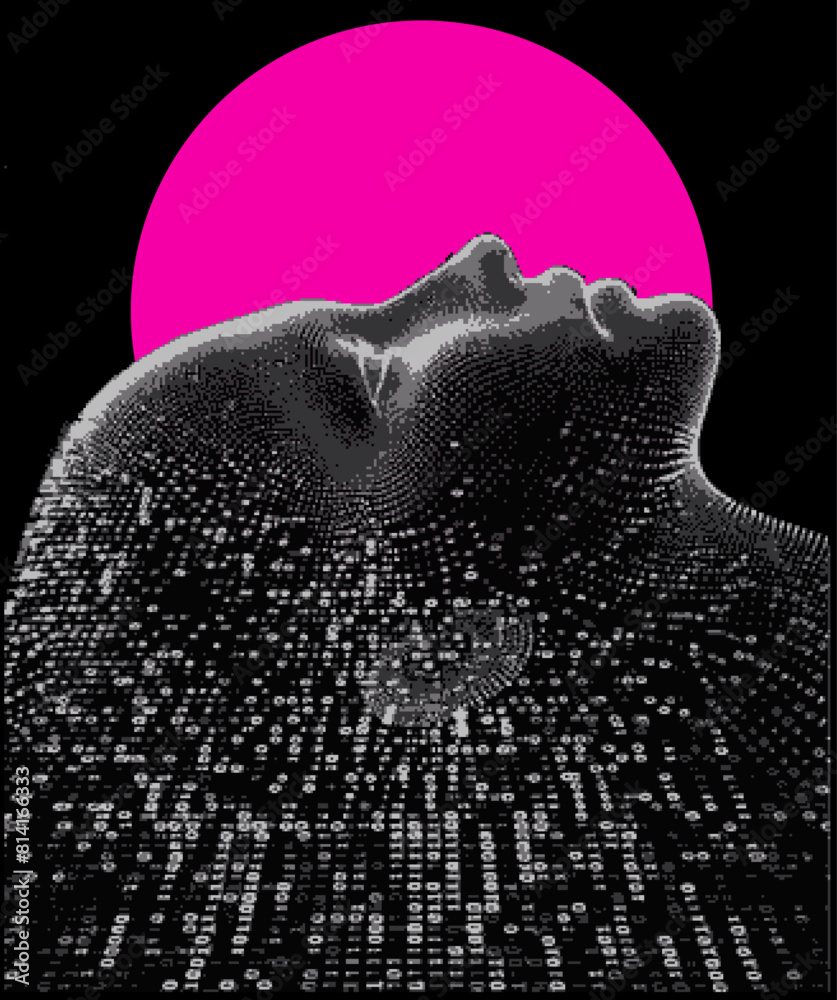 Poster Silhouette of a human head made of binary code. Conceptual image of Artificial Intelligence, Virtual Reality, Deep Learning and Face recognition systems. Cyberpunk style vector illustration.