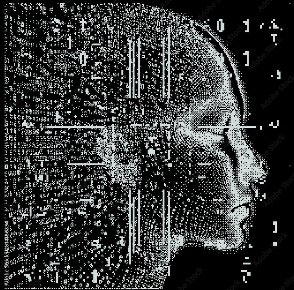 Aufkleber Silhouette of a human head made of binary code. Conceptual image of Artificial Intelligence, Virtual Reality, Deep Learning and Face recognition systems. Cyberpunk style vector illustration.