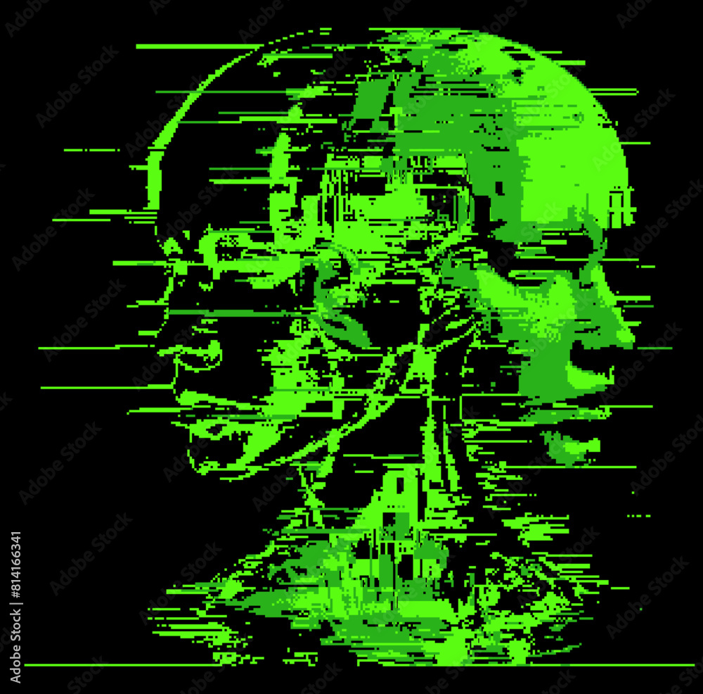 Wall mural Distorted silhouette of a bald human head. Conceptual image of facial recognition and anonymity systems. Cyberpunk pixel art style vector illustration.