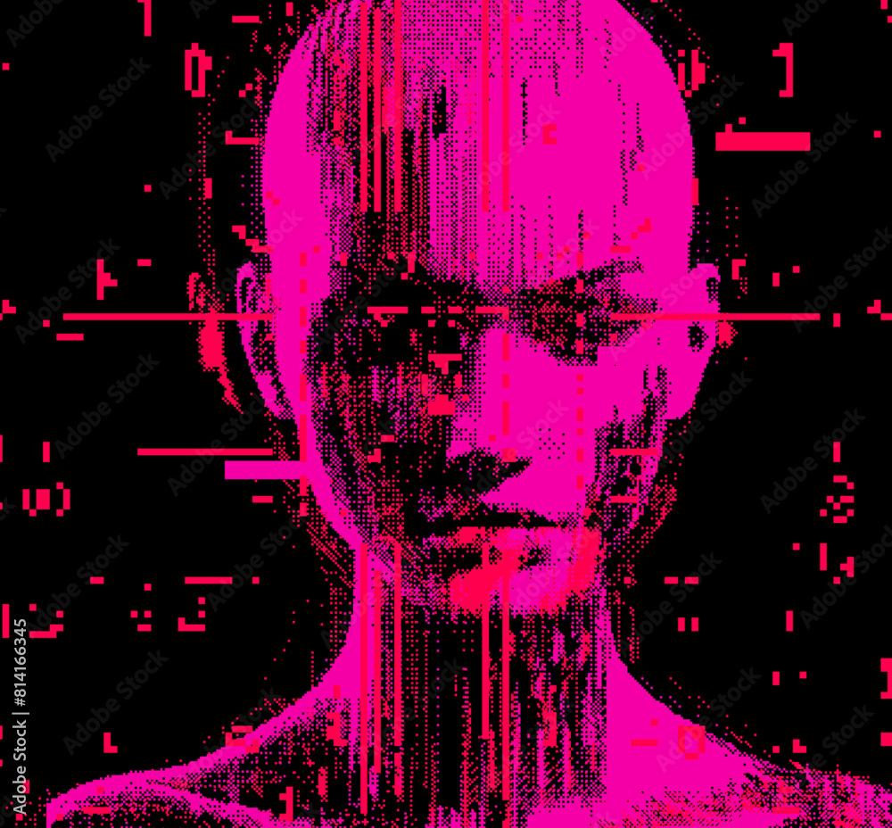 Poster distorted silhouette of a bald pink human head. conceptual image of facial recognition and anonymity