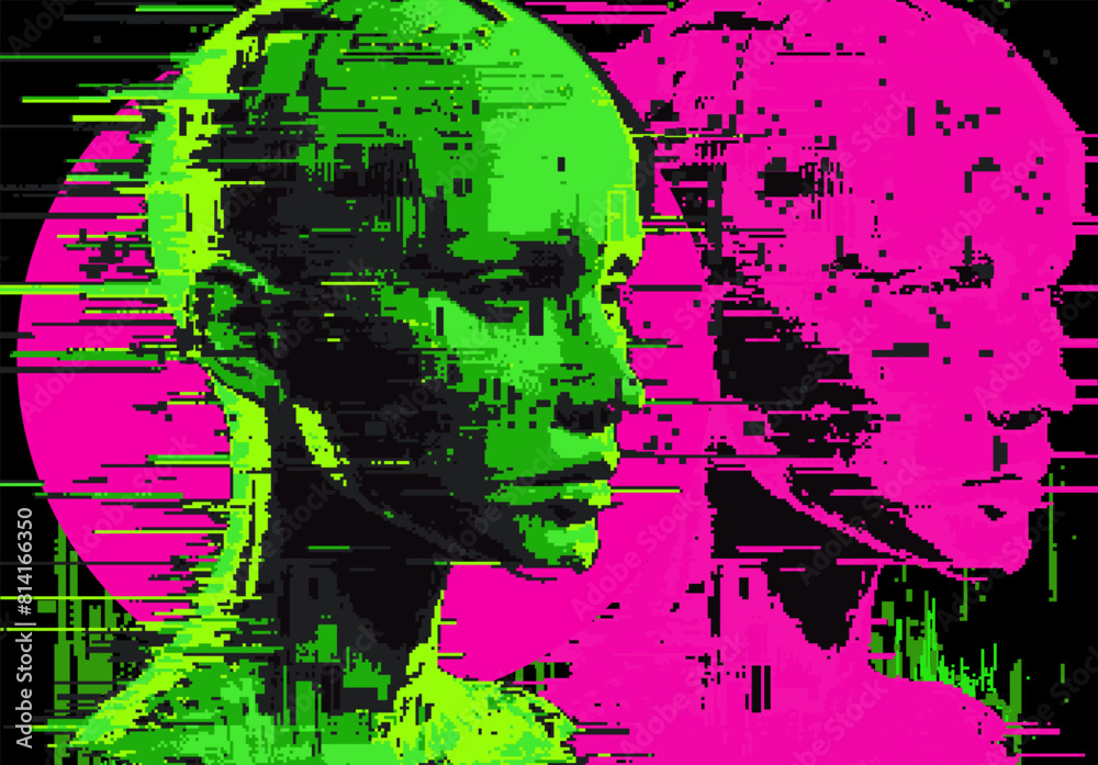 Poster distorted silhouette of a bald green human head. conceptual image of facial recognition and anonymit