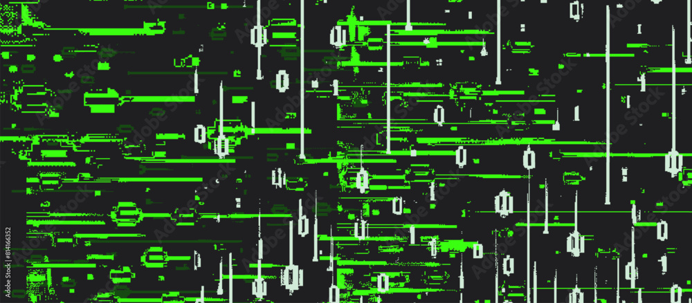 Poster Glitched and distorted dark background with collapsing green binary code. Vector abstract illustration on the theme of technology and science.