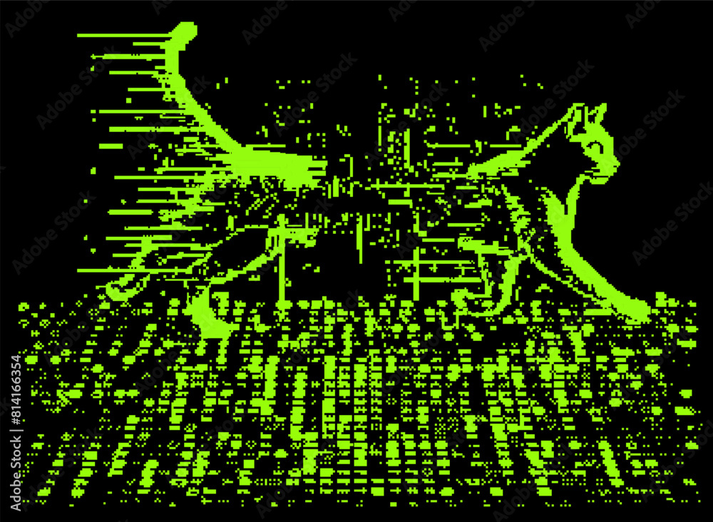 Poster pixel art futuristic style vector illustration of a cat silhoutte moving in and through visual noise