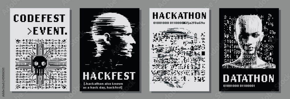 Poster Set of retrofuturistic posters for hackathon (also known as a hack day, hackfest, datathon or codefest) event with set of 1-bit pixel art illustrations of human heads and glitched elements.