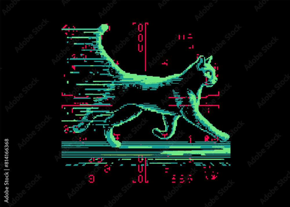 Poster Pixel art futuristic style vector illustration of a cat silhoutte moving in and through visual noise and glitches. Concept of the virtual reality and computer simulation.