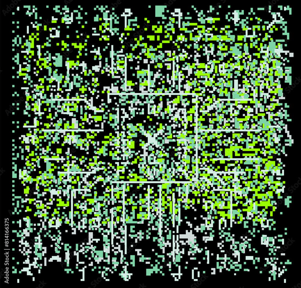 Poster abstract glitchy background with random pixel noise. vector illustration in green and black colors.