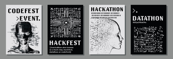 Set of retrofuturistic posters for hackathon (also known as a hack day, hackfest, datathon or codefest) event with set of 1-bit pixel art illustrations of human heads and glitched elements. © local_doctor