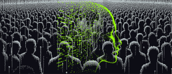 Pixel art style illustration depicting a glitchy silhouette of a human crowd. Сonceptualization of the interaction between technology and humanity.
