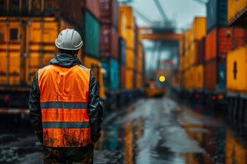 Obraz premium A cargo port worker inspecting containers in warehouse, with cranes and containers in the background