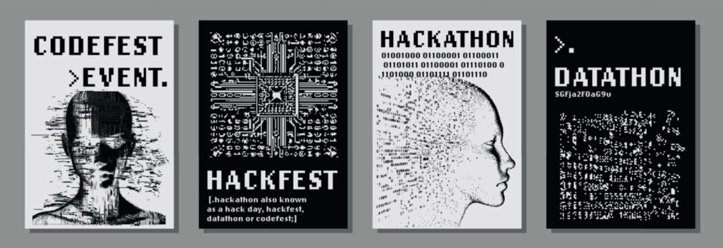 Set of retrofuturistic posters for hackathon (also known as a hack day, hackfest, datathon or codefest) event with set of 1-bit pixel art illustrations of human heads and glitched elements.