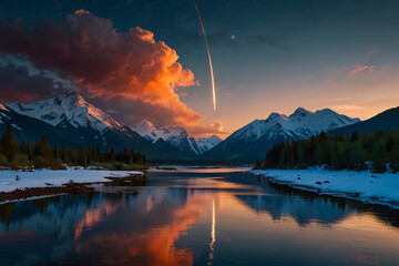 Far space rocket launch at twilight, nature landscape with lake and beautiful reflection in water