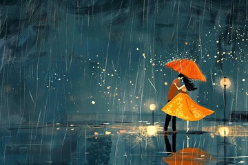A painting depicting a couple joyfully dancing in the rain while holding an umbrella, showcasing their love and connection. Generative AI