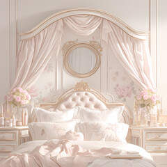 Luxurious pink boutique-inspired bedroom retreat with ornate decor and plush bedding