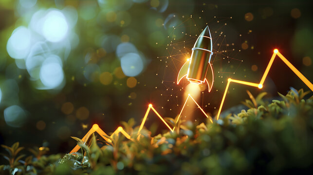 Exponential growth or compound interest concept. business sales or profit increase. Rocket flying from a growth graph