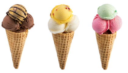 Ice cream scoops in waffle cones isolated on transparent background.