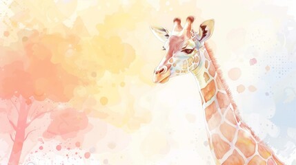 Cute giraffe head on watercolor background with copy space. Watercolor cartoon painting