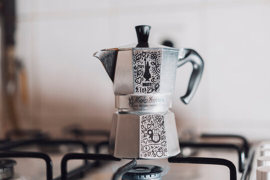 Istanbul, Turkey - 13th May 2024: Bialetti 90th anniversary special design moka pot coffee pot. new product introduction
