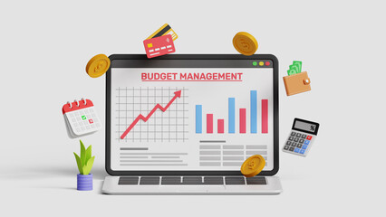 Financial management concept. Monthly expenses, managing budget, papers, loan documents, invoices. 3D laptop with budget planning concept