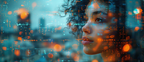 A woman overlaid with cityscape and data. The intersection of urban life and digital information