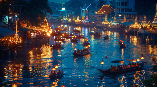 A picturesque view of lantern-lit boats on the river for Loi Krathong Loi Krathong Beauty!