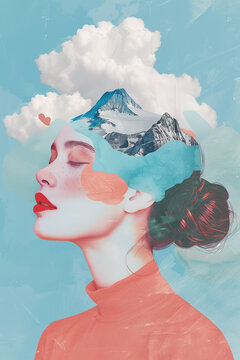 Colage a woman in  becomes one with a tranquil mountain landscape filling her minds eye. Generative AI