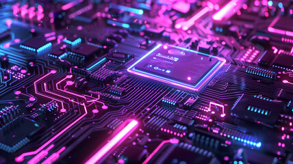 Obraz premium .A neon-lit circuit board with illuminated pathways that mimic a futuristic cityscape