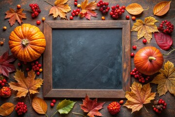 Autumn background with pumpkins, leaves and chalkboard. Top view with copy space