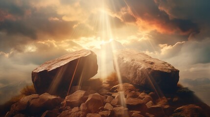 Majestic sunrays breaking through a grand rocky outcrop against a dramatic sky