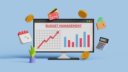 Budget management, financial control, dates, finance, personal budget, expense sheet and loan concept. Divide expenditure items. 3D computer screen with budget planning items. 4k 3d animation