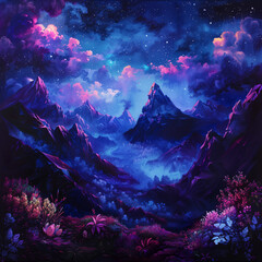 Mystical landscape of huge mountains, neon light, dark fantasy, background