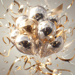 Bring Joy and Luxury to Any Event with Our Shiny Gold Balloons and Streamers in 3D Rendering