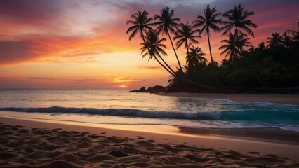 Tropical Beach SunrisePalm Trees Silhouette Photo - Idyllic Ocean Morning Landscape Scene