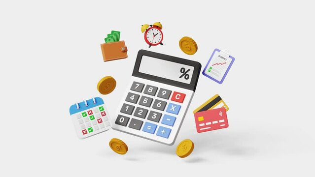 Budget planning. Personal finance to allocate expense or payment, income and saving, accounting concept. 3D calculator with budget planning items. 4k 3d animation