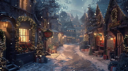 A quaint cobblestone street lined with charming shops each adorned with festive wreaths and...