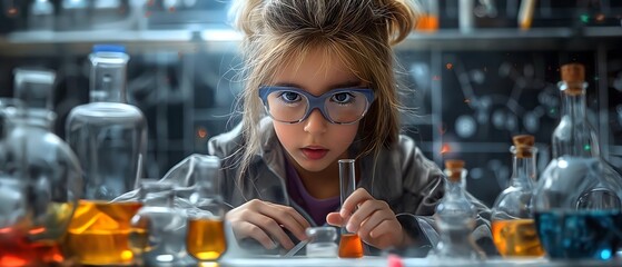 Science and education, Young girl researches in the laboratory, big laboratory around
