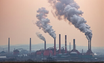 Industrial area, a factory billows thick smoke from its towering chimneys, shrouding the city sky...