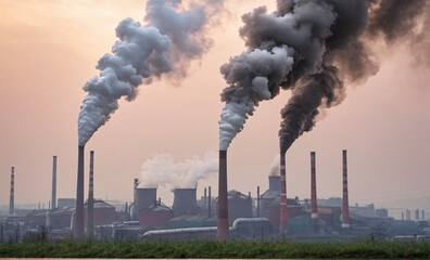 Industrial area, a factory billows thick smoke from its towering chimneys, shrouding the city sky in heavy smog. Negative impact of industrial emissions on the environment and human health