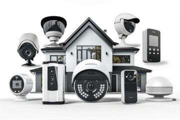 Naklejka premium Entry sensors and camera technology work together to monitor and protect homes, ensuring sound detection and security.