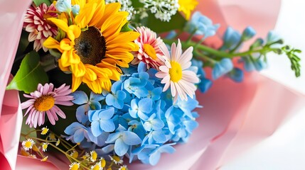 A bouquet of flowers with a pink wrapping paper. The flowers are colorful and include daisies, sunflowers, and blue hydrangeas. on white background
