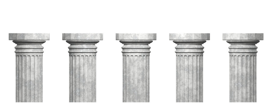 Set of five gray concrete pillars isolated on transparent background