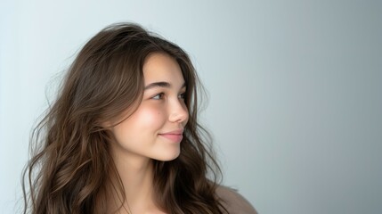 Portrait profile headshot of pretty smiling young brunette woman girl on neutral grey light background