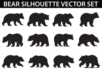 Bear vector silhouette set, Grizzly bear or polar bear silhouette flat vector, animal silhouette,