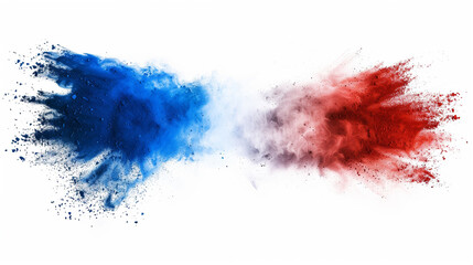 Colored powder explosion in the colors of the french flag on a white background. Beautiful design for poster, publicity brochure, olymic games in Paris, Tour de France.