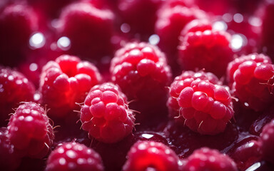 Raspberries in natural light, macro shot, details of fine hairs and droplets visible