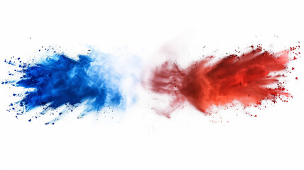 Colored powder explosion in the colors of the french flag on a white background. Beautiful design for poster, publicity brochure, olymic games in Paris, Tour de France.